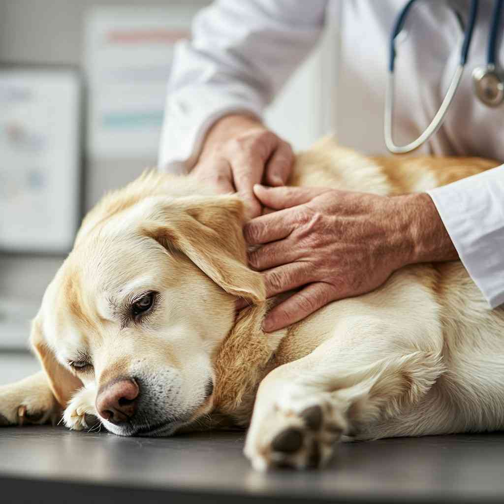 A veterinarian examining a dog for liver stress and potential protein toxicity symptoms