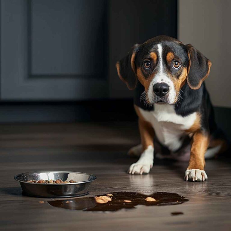 A dog showing signs of digestive distress, such as vomiting or diarrhea, due to excessive protein.