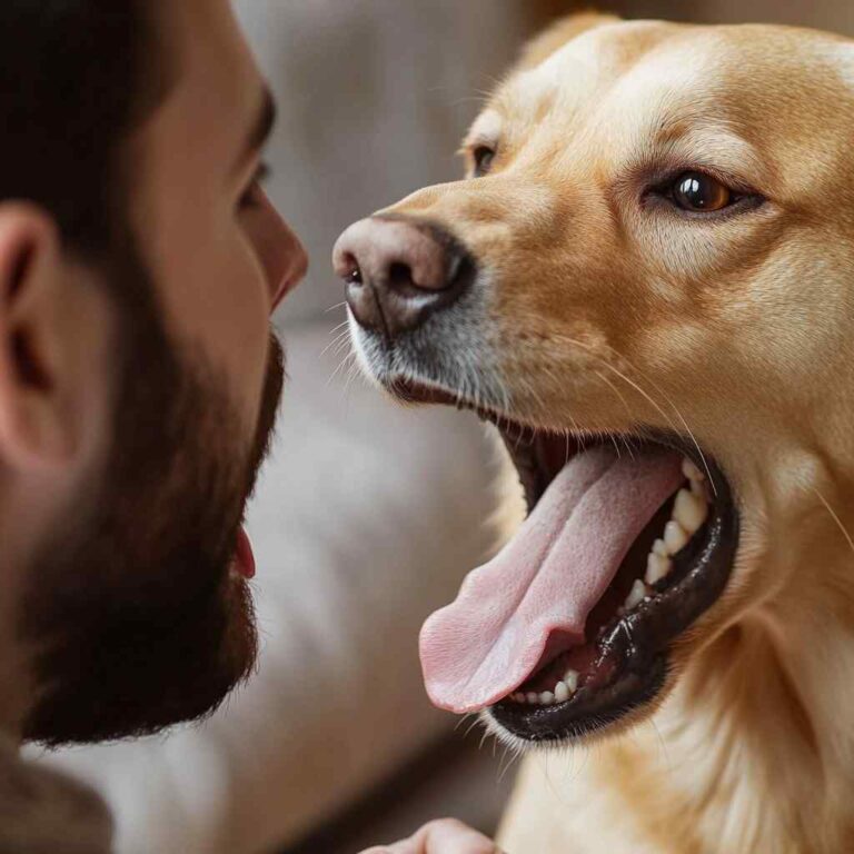 A dog with bad breath and strong-smelling urine — symptoms of excess protein in the diet.